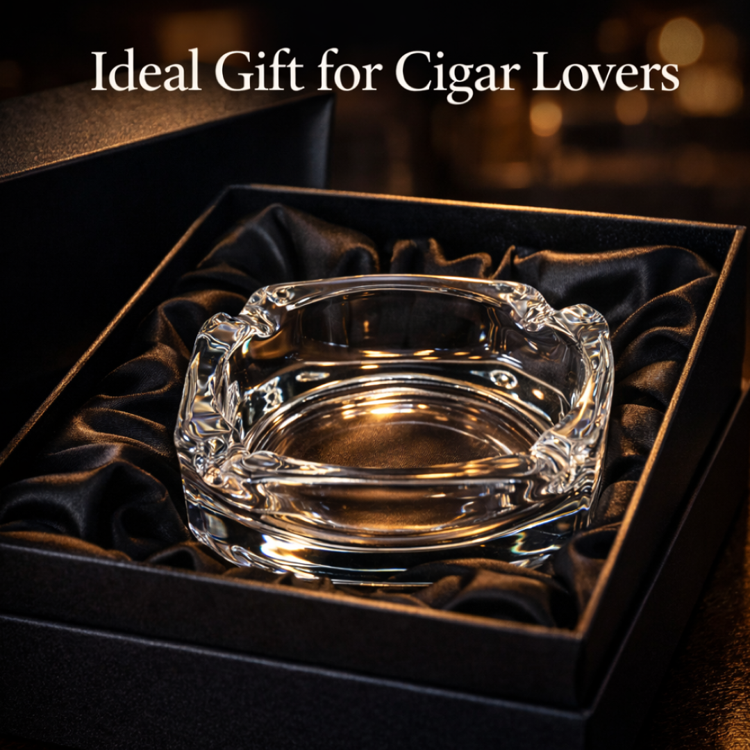 Features infographic for the round tabletop crystal glass ashtray.