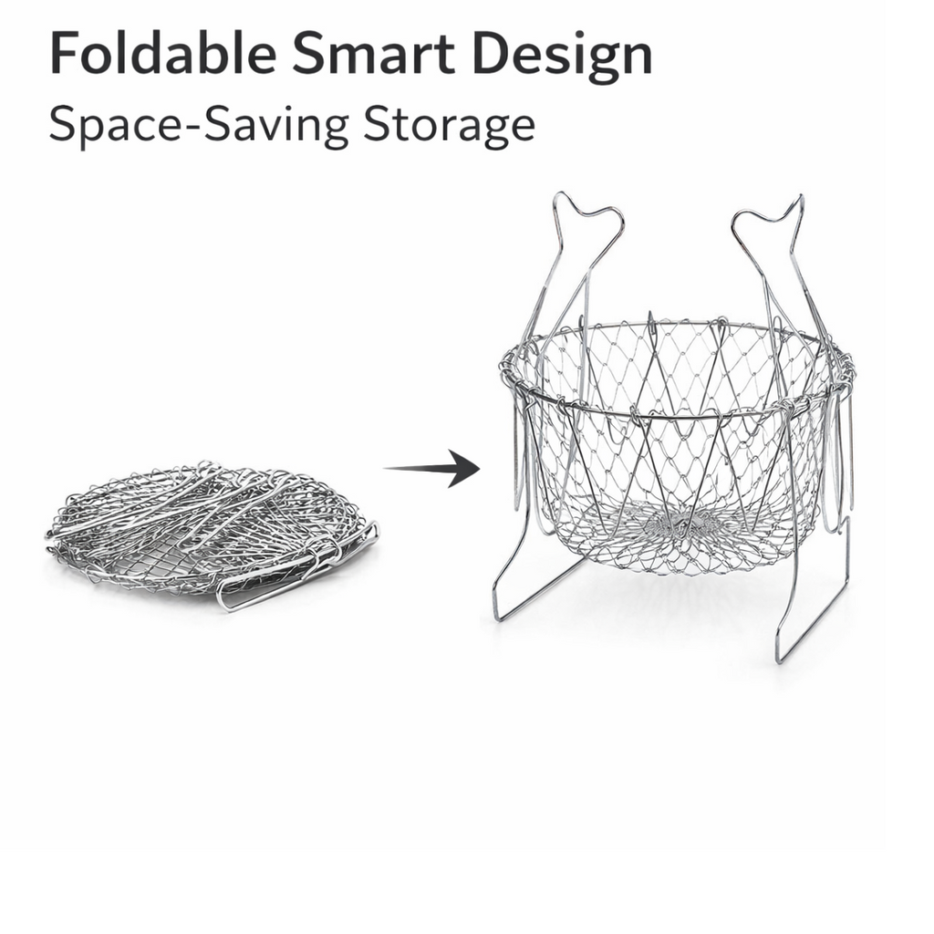 Foldable chef basket showcasing different configurations for washing, frying, and steaming.