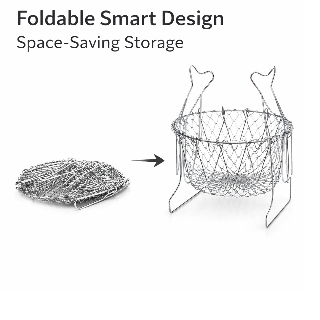 Foldable chef basket showcasing different configurations for washing, frying, and steaming.