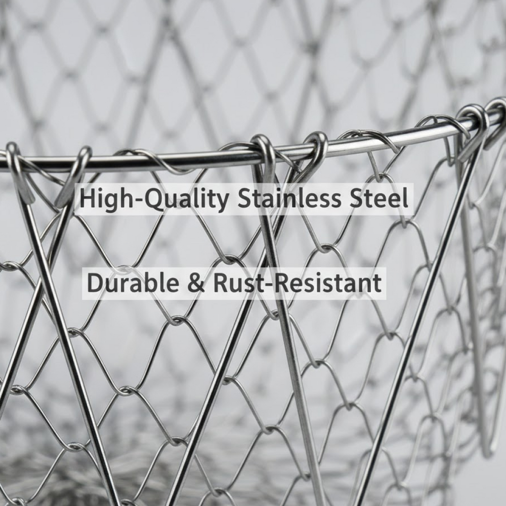 Illustration detailing the dimensions of the compact foldable strainer basket for kitchen use.