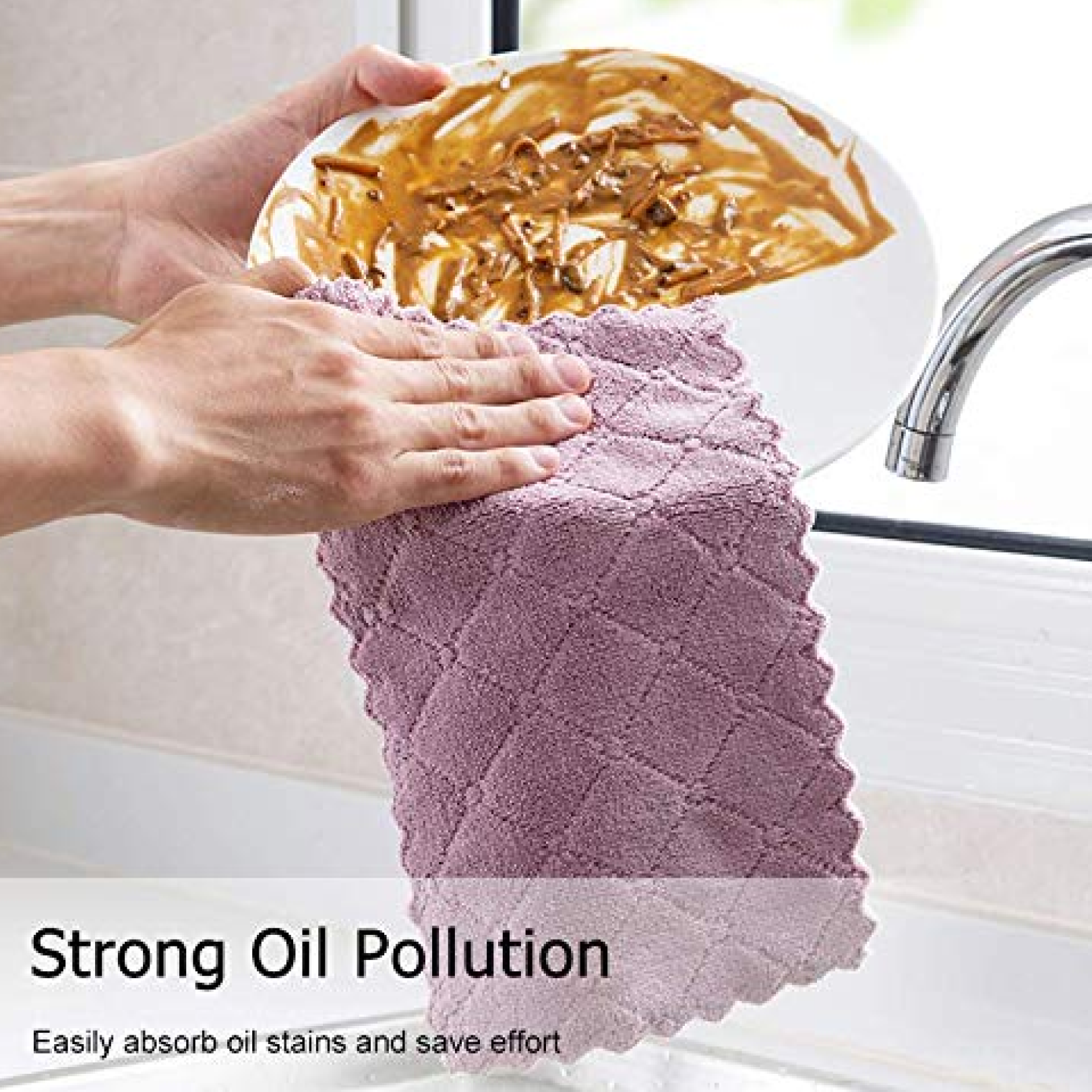 Versatile kitchen cleaning towel wiping a glass surface for a streak-free shine.
