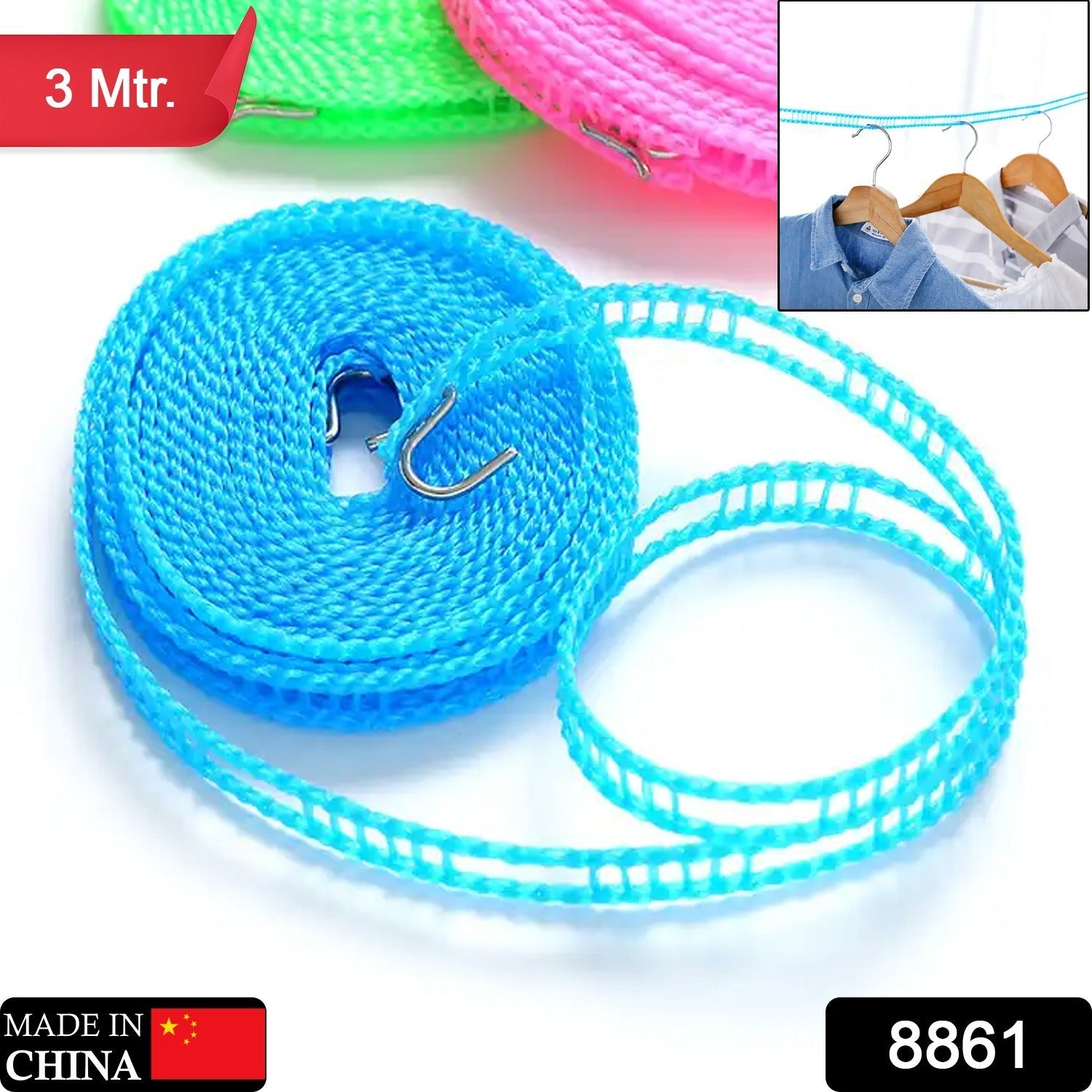 Organivo 3m anti-slip clothesline rope with stainless steel hooks.