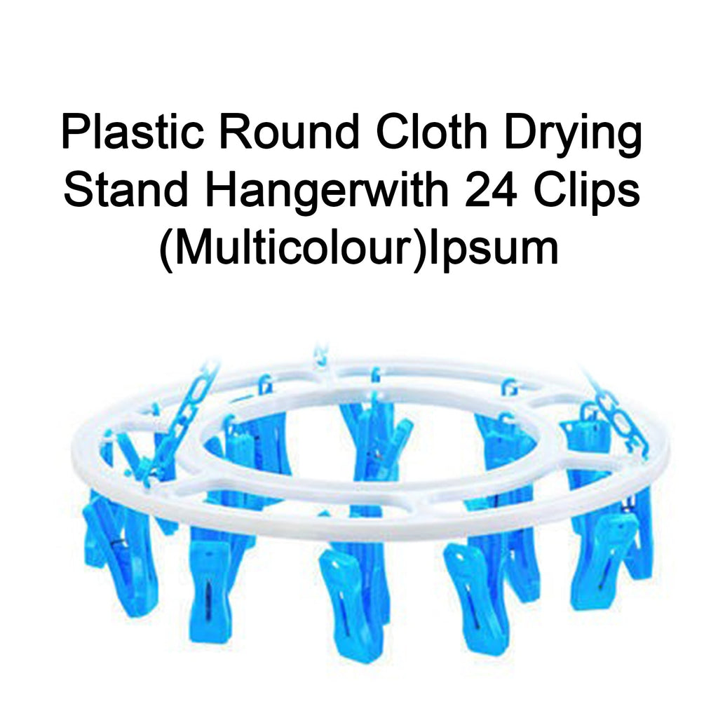 Space-saving round drying hanger with 24 plastic clips, showing its compact size.