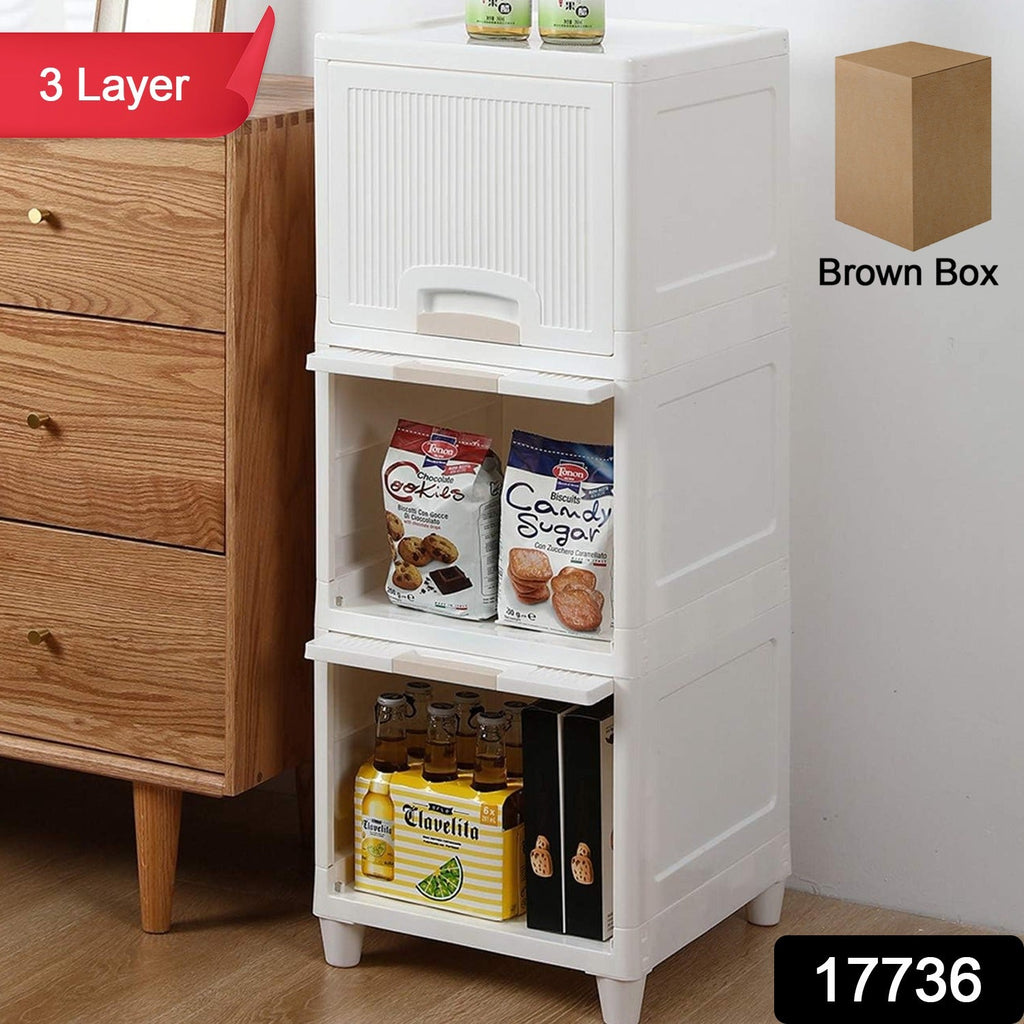 Side view showcasing the foldable design of the plastic storage cabinet drawers.