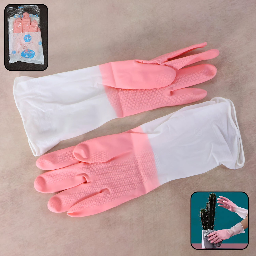 Medium reusable cleaning gloves in pink and white with long cuff for household chores