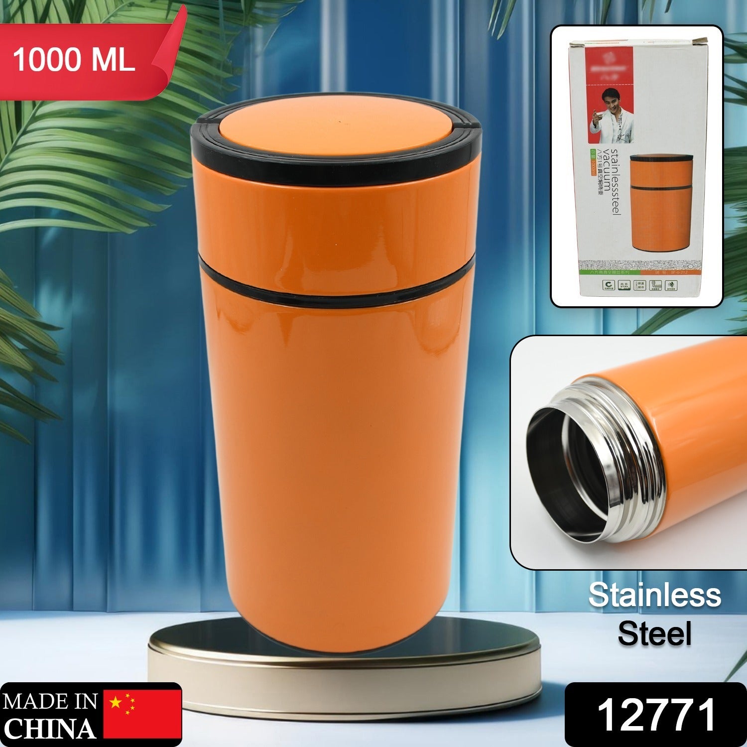 An Indian woman uses the 1000ml Stainless Steel Water Bottle with its convenient foldable handle for easy carrying.