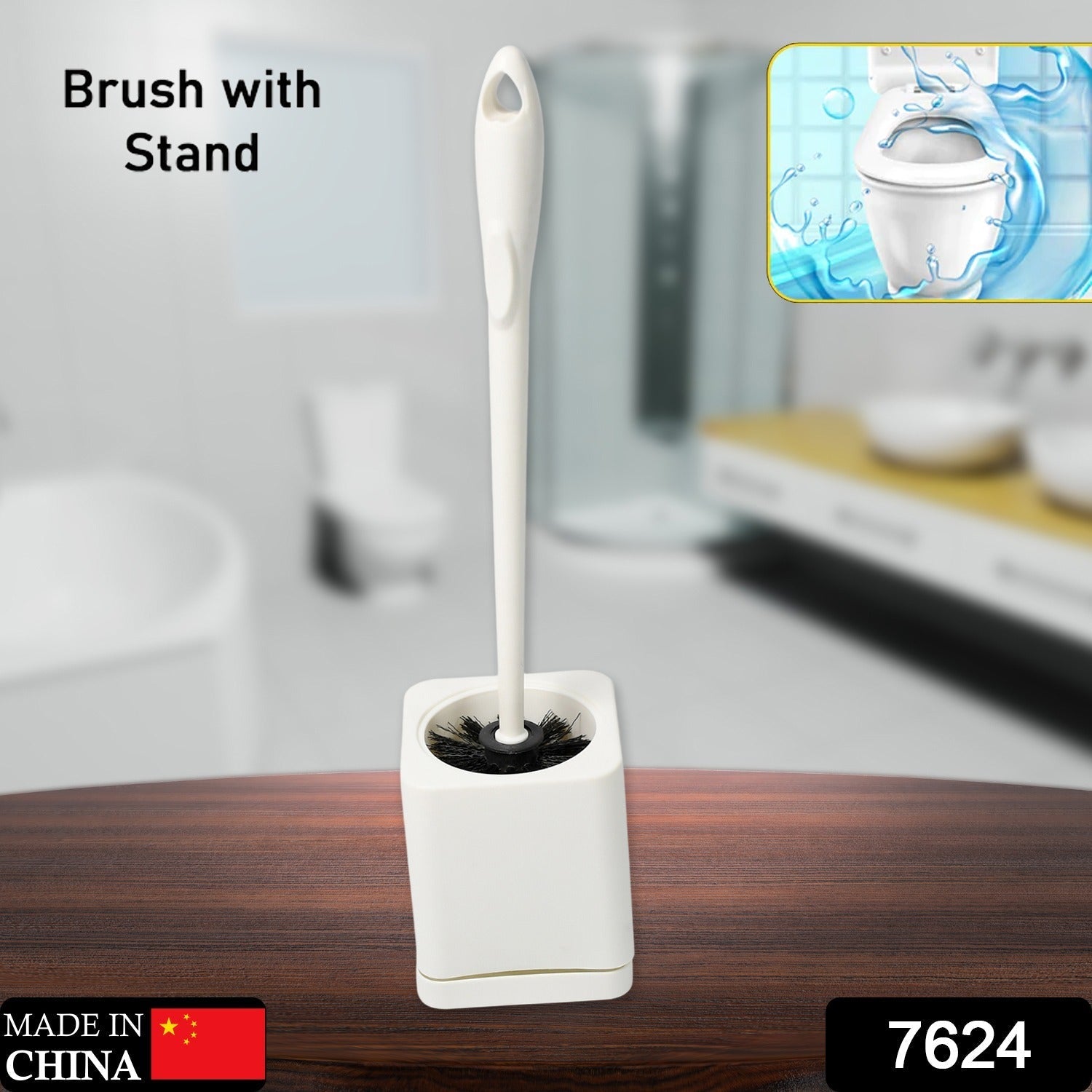 Sleek white toilet brush holder keeps the brush discreetly stored.