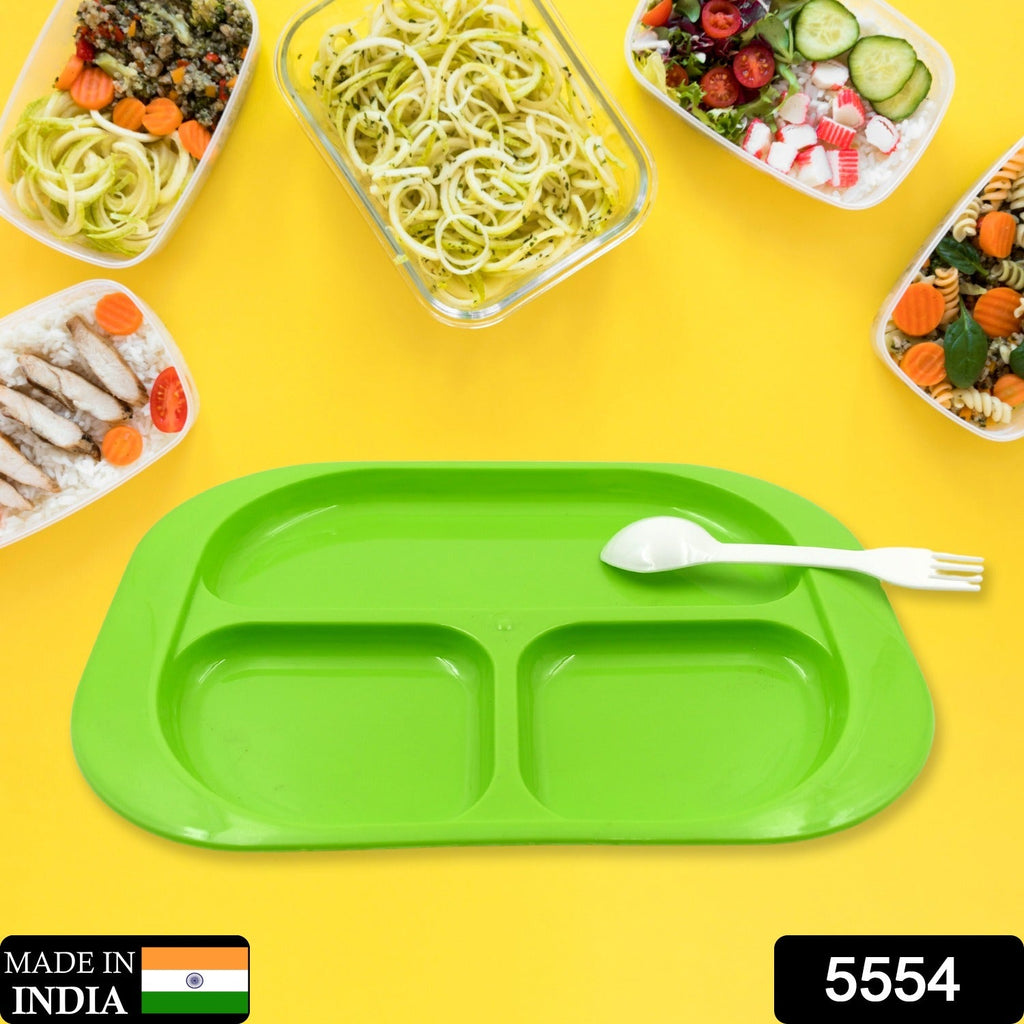 White 3-compartment food plate with matching spoon.