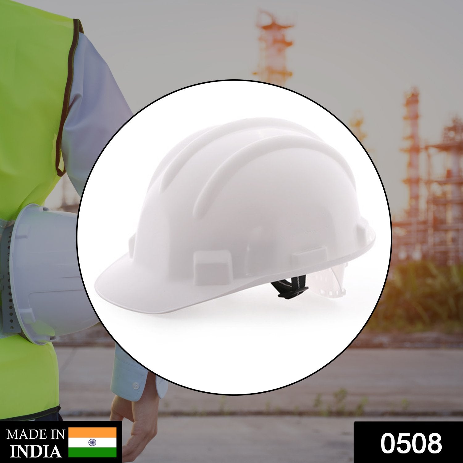 Front view of an anti-smashing construction helmet, highlighting its robust design and protective features.