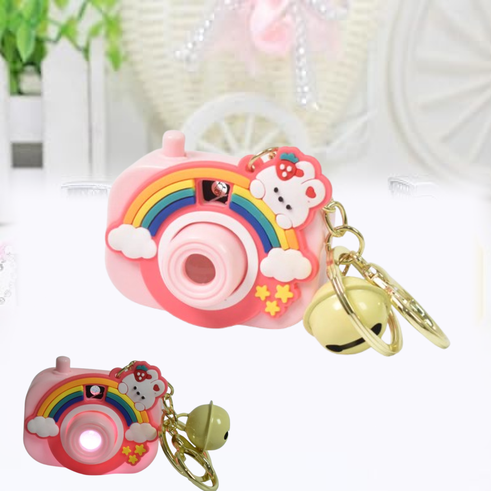 Close-up showing projector lens and sturdy zinc alloy ring on keychain