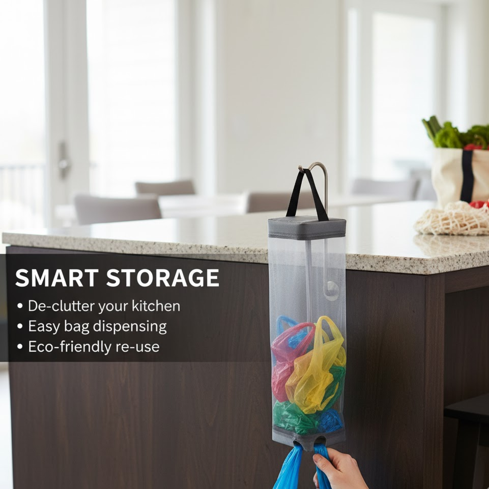 Side profile of the mesh hanging waste bag holder, highlighting its slim design.
