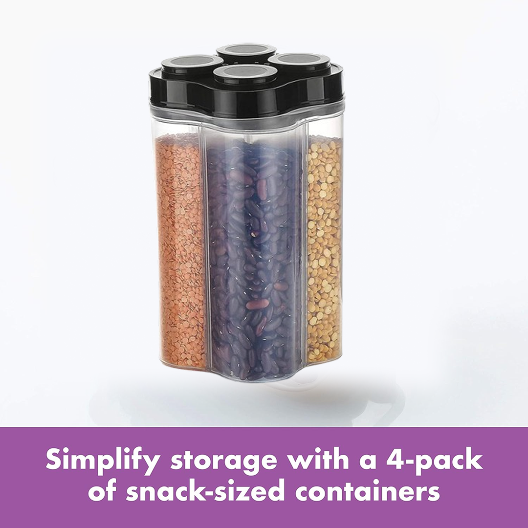Transparent 4 compartment storage jar filled with grains and dry fruits.