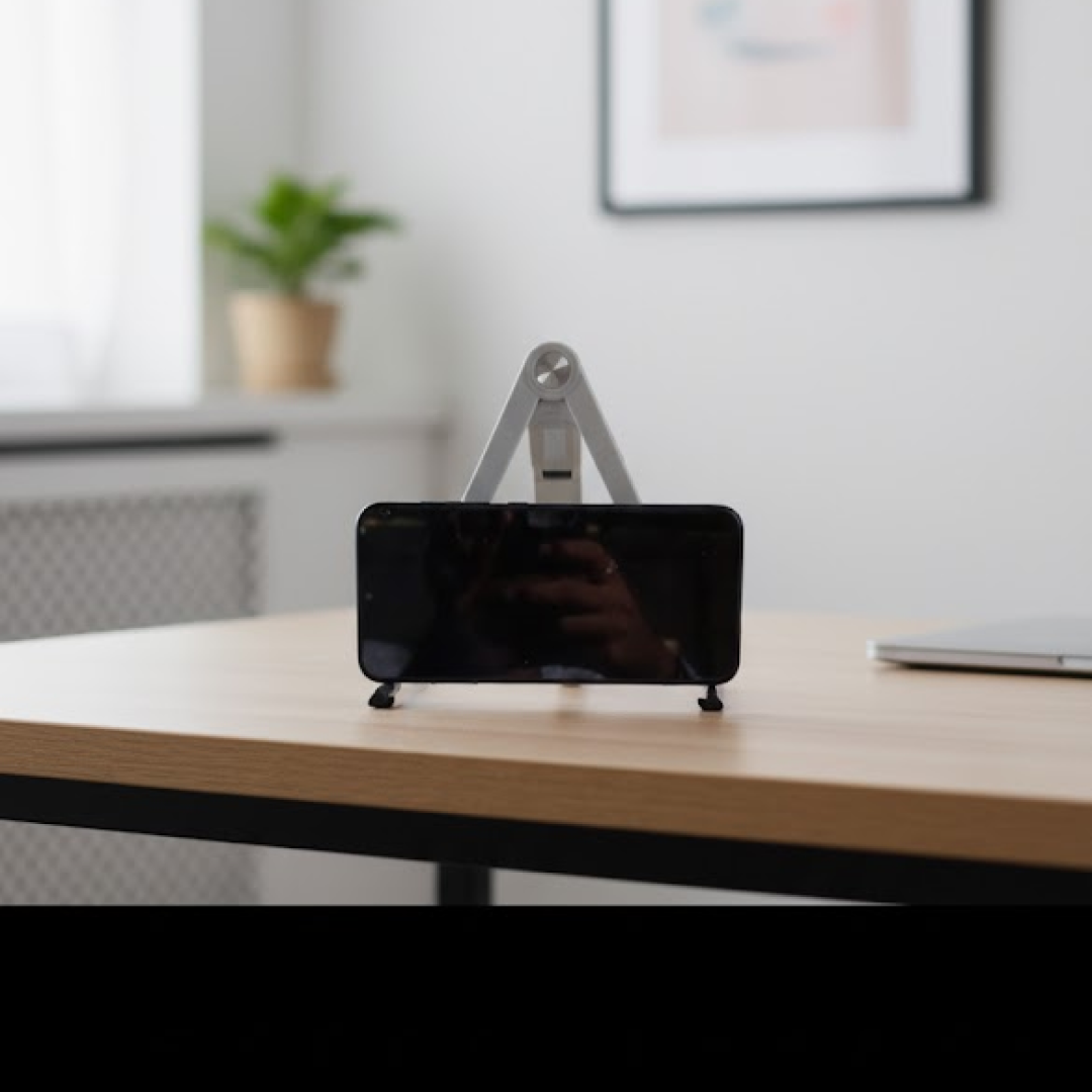 Compact foldable tablet stand neatly folded for easy storage.