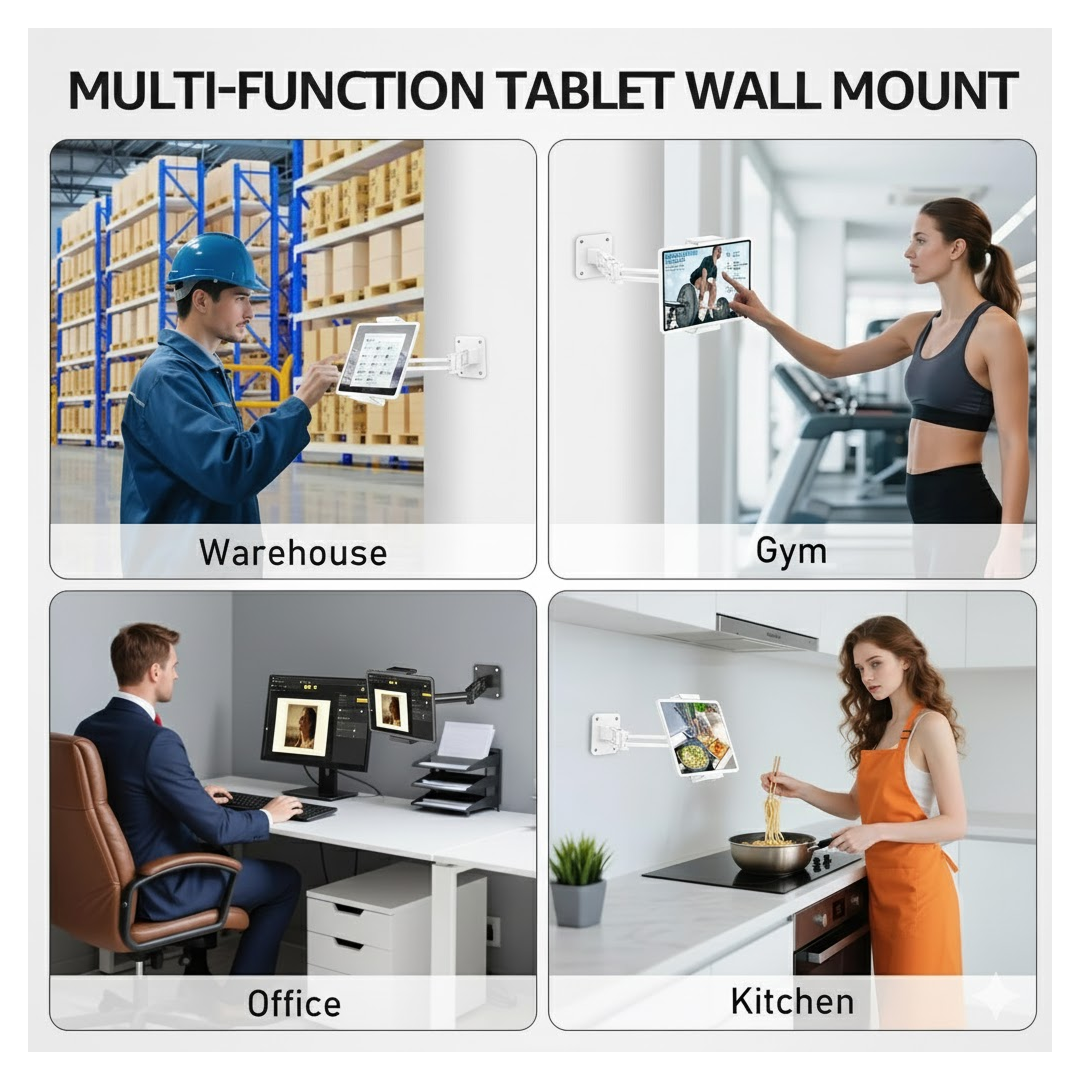 A mobile device securely held by the adjustable tablet stand for hands-free viewing.