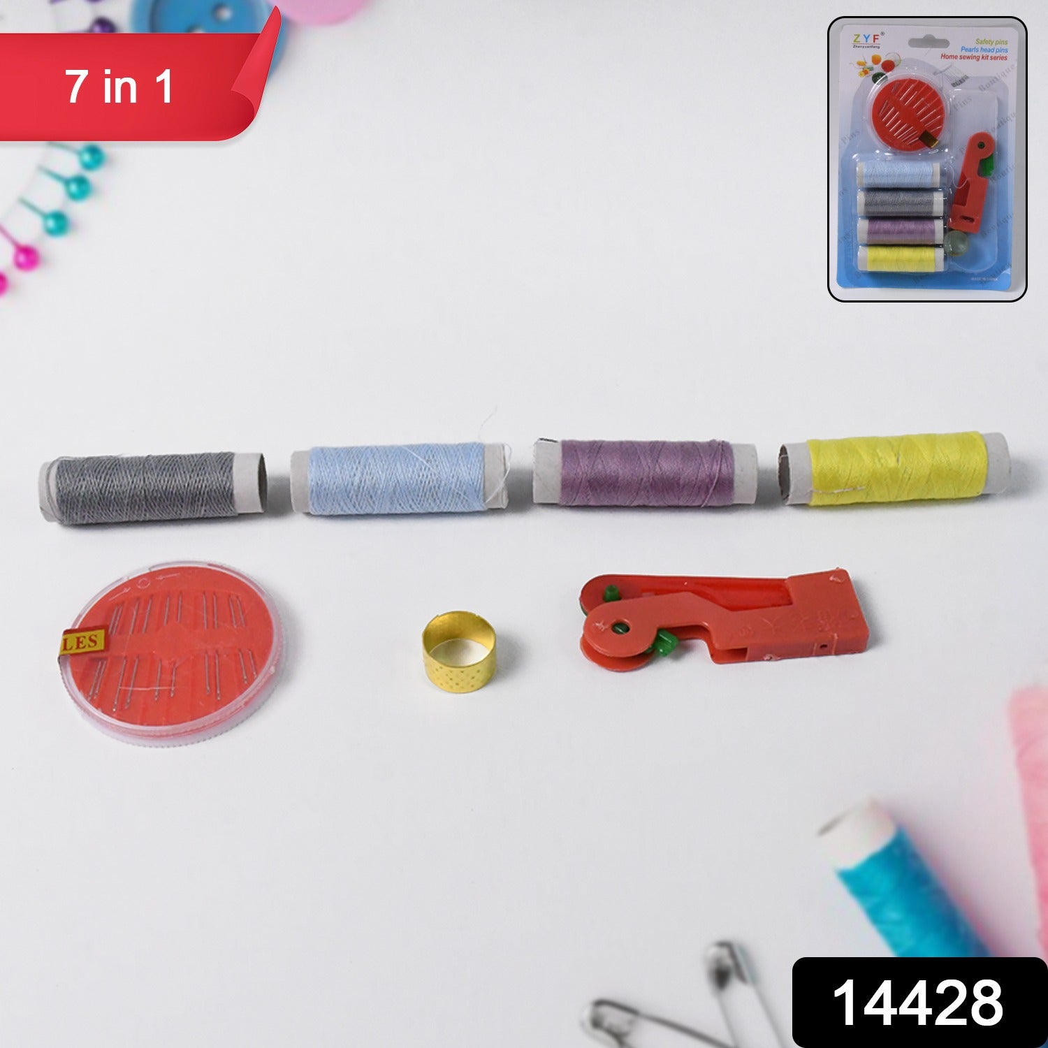 Assorted threads, bobbins, and sewing tools in the kit