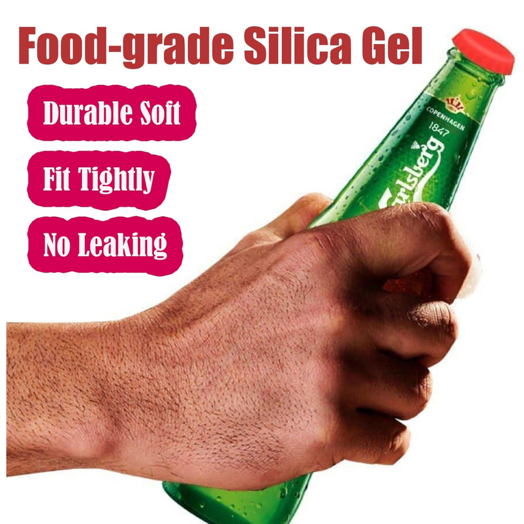 Close-up of vibrant silicone bottle caps showcasing their flexible material.