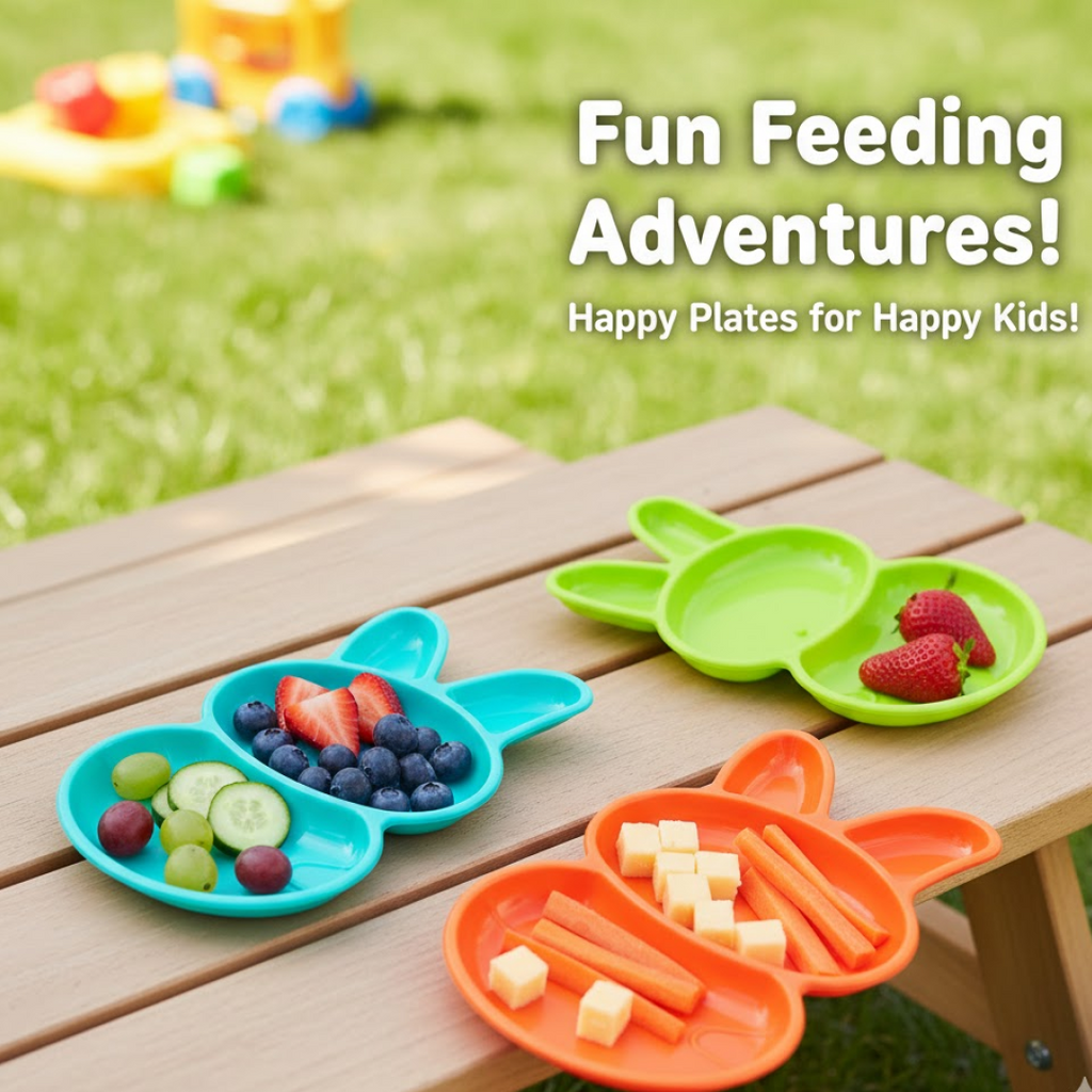 Close-up of a single unbreakable rabbit plate, perfect for toddlers.