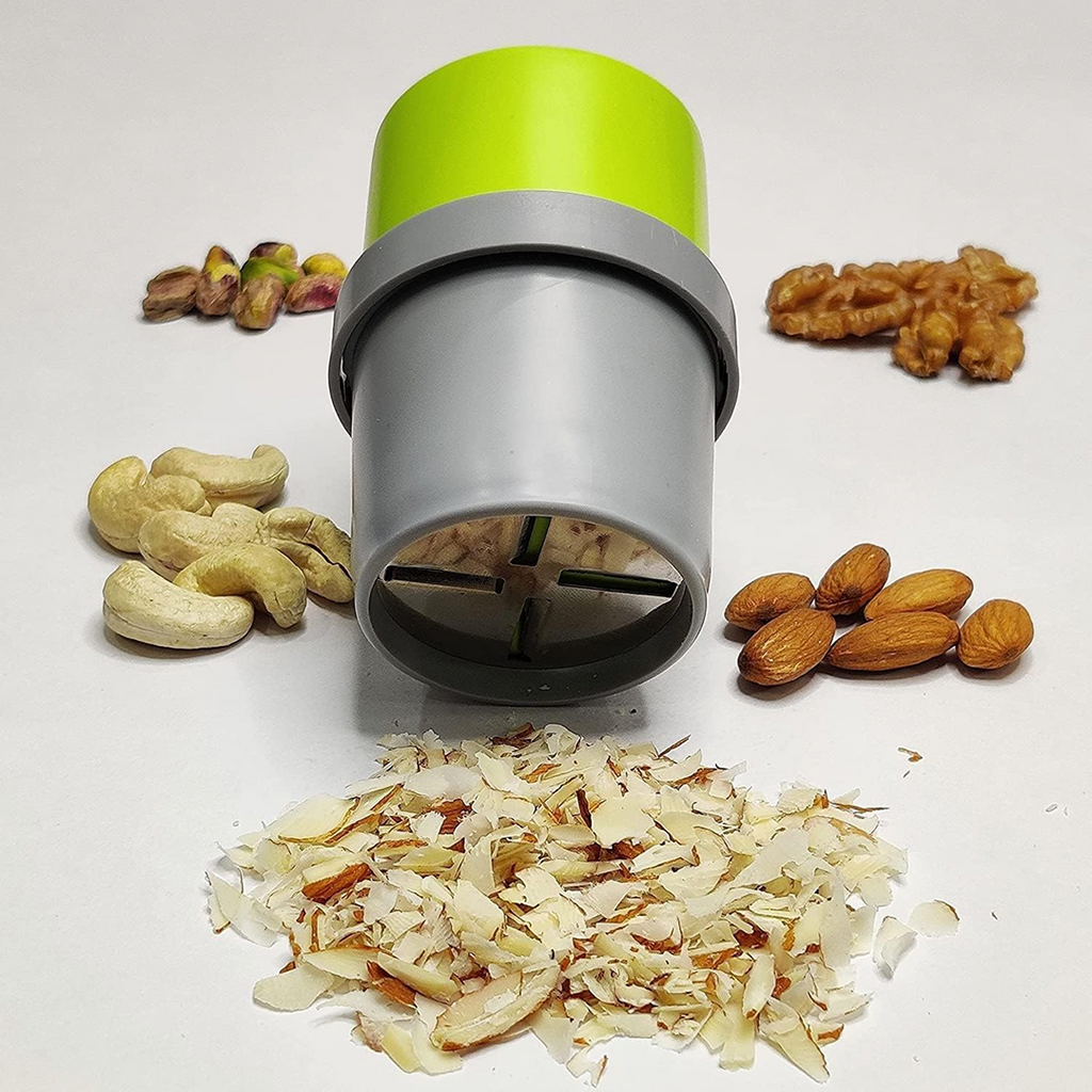 Closeup of the sharp stainless steel dry fruit slicing blade.