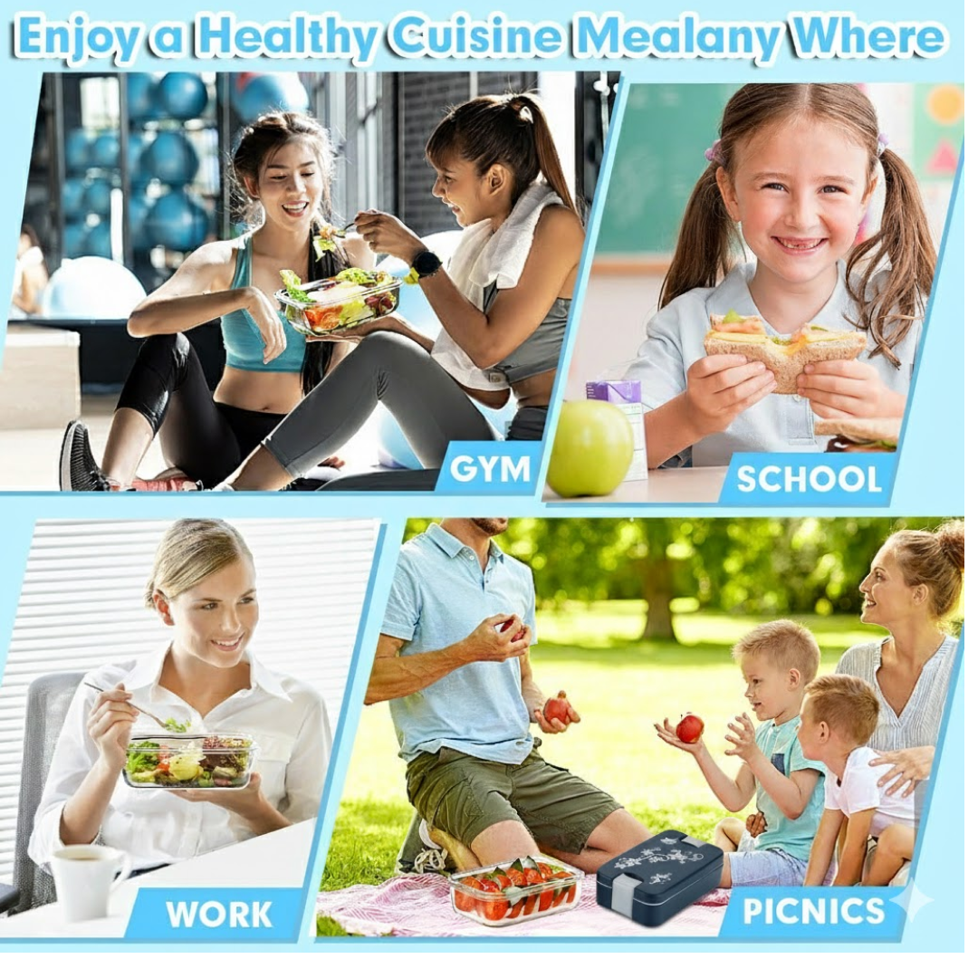 The rectangular lunch box easily fitting into a backpack, highlighting its portable design.