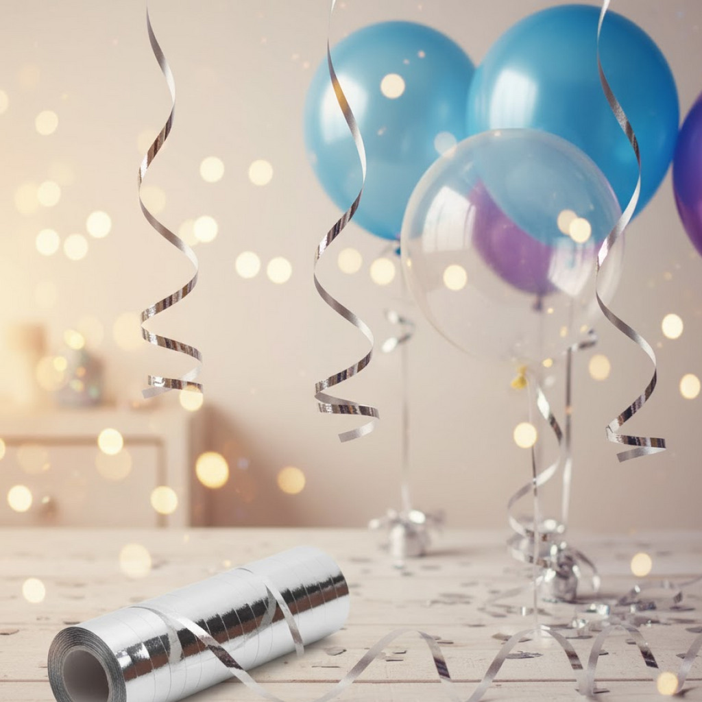 Close-up of smooth silver balloon ribbon spool for events.