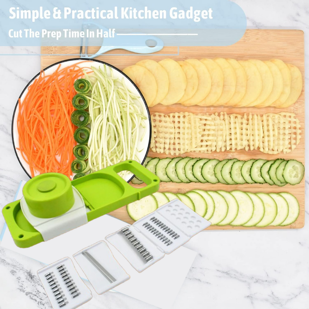 Various vegetables like carrots and potatoes being sliced and julienned by the multi-blade slicer.