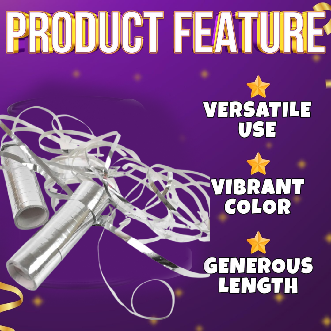 Decorative silver balloon ribbon cascading for festive display.