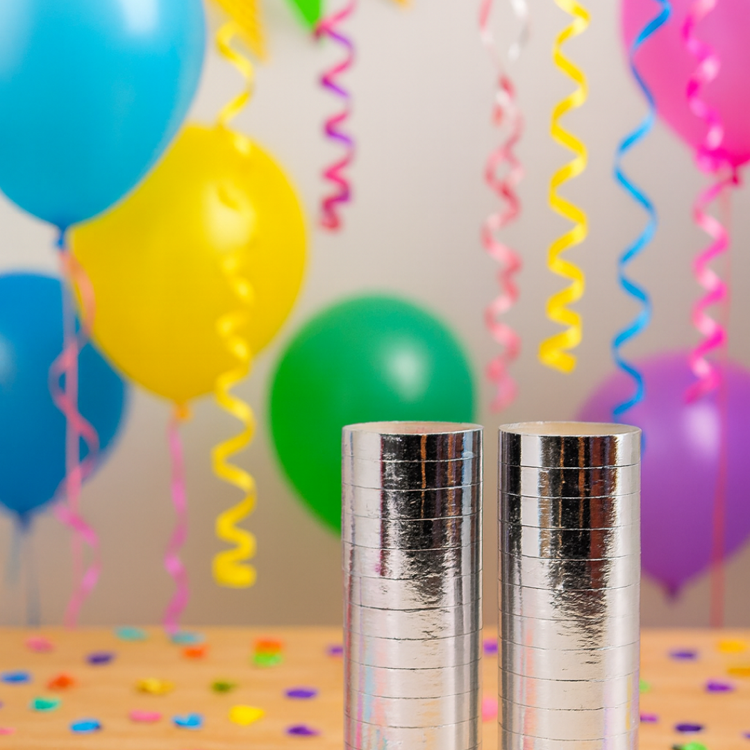 Multiple spools of silver balloon ribbon for bulk party supplies.