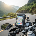 Weather-resistant bike phone holder mounted on a bicycle handlebar, showcasing its secure fit.