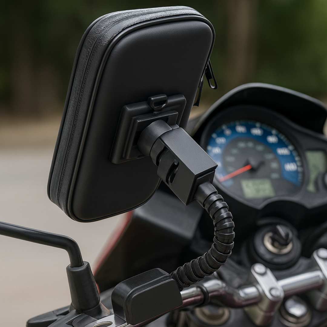 Components of the universal bike phone holder, including the case and handlebar clamp.
