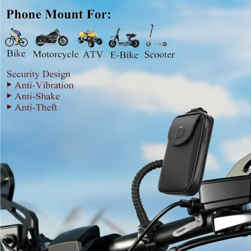 Flexible bike mount demonstrating its 360-degree rotation for optimal viewing angles.