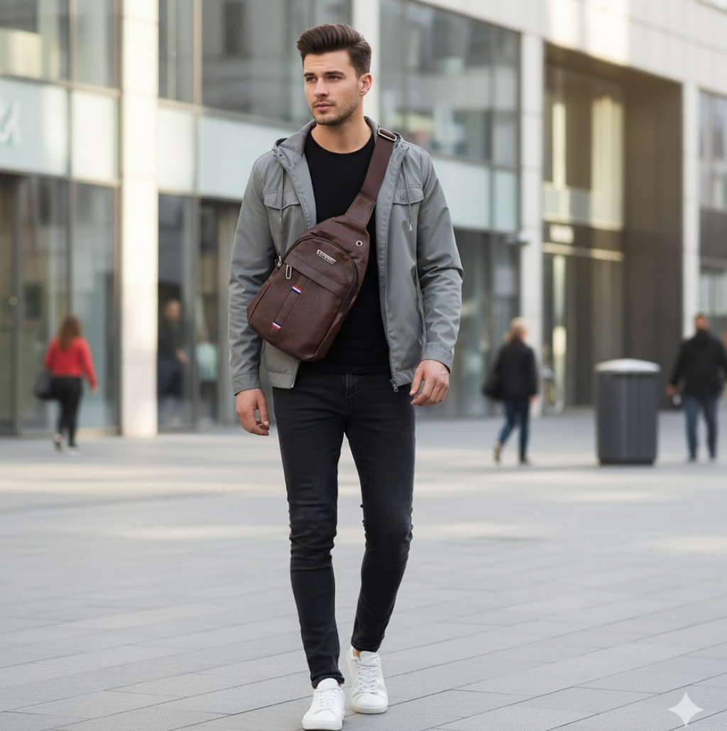 Detailed view of the FERVENT men's casual bag, illustrating its internal compartments and robust zippers.