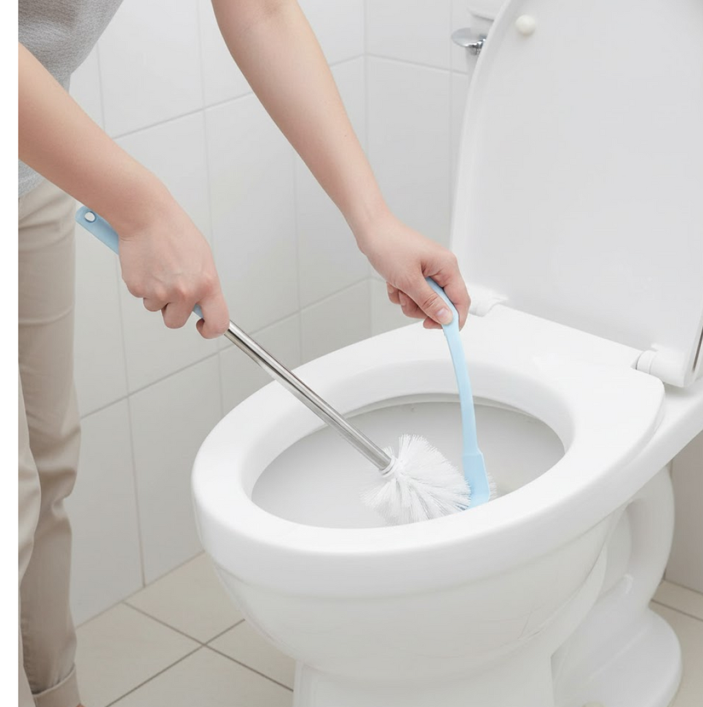 The toilet brush with holder in a clean, minimalist bathroom setting.