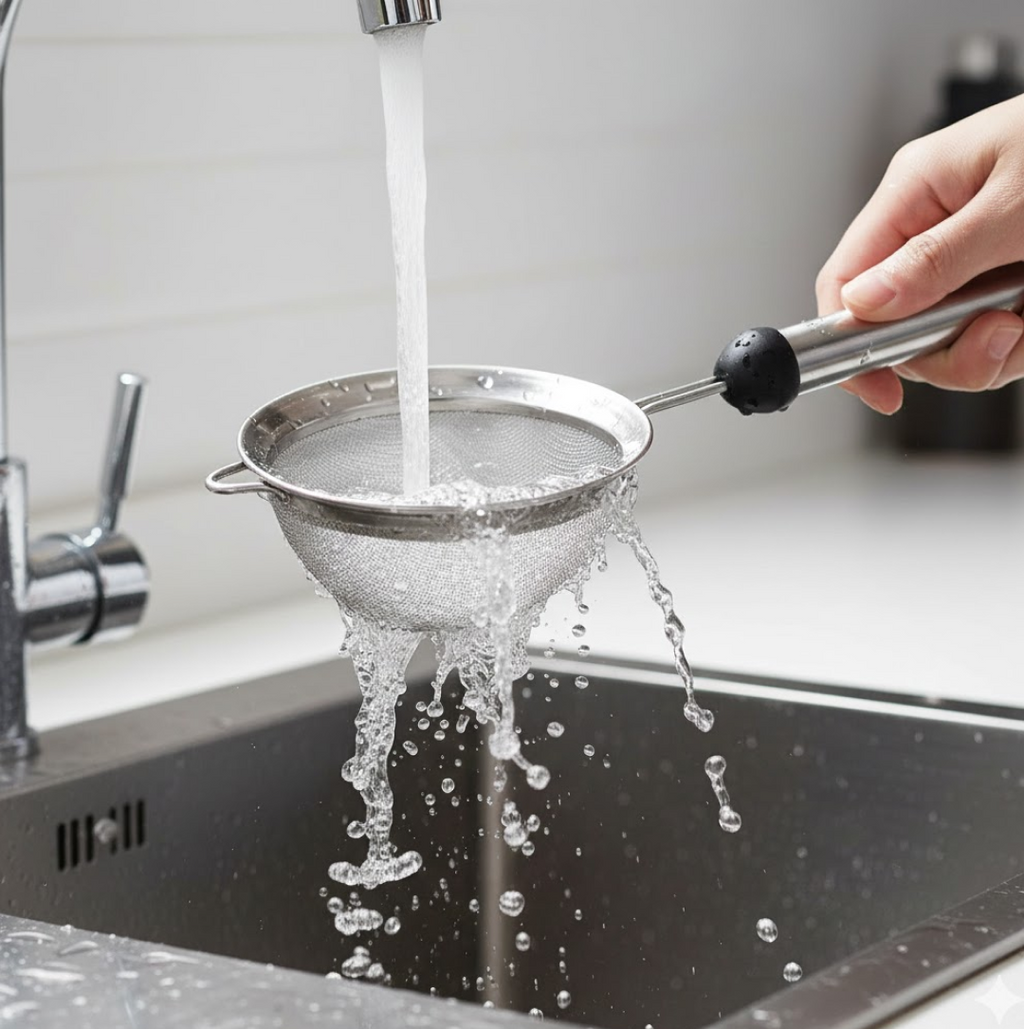 Detailed technical illustration showcasing the high-quality fine mesh of the strainer.