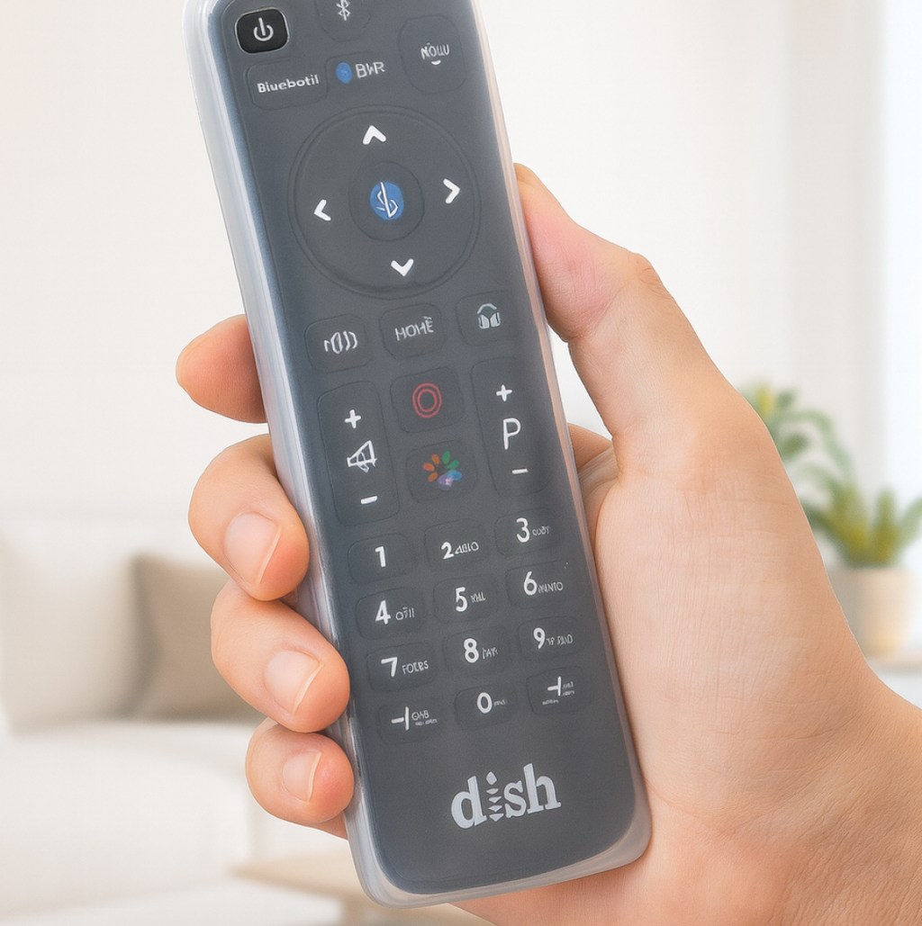 PHOBIA DISH TV remote control cover in a transparent pouch.