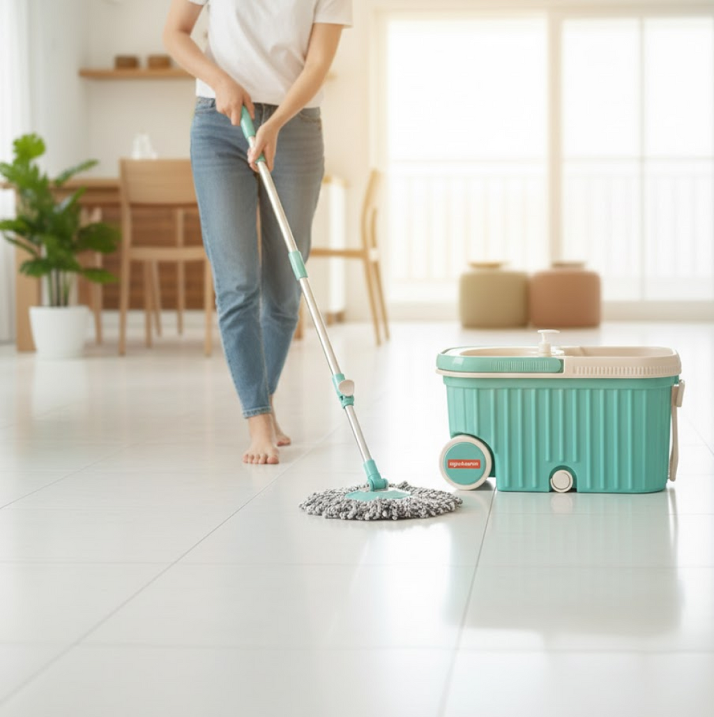 Ganesh spin mop bucket featuring a convenient drainage system for easy water disposal.