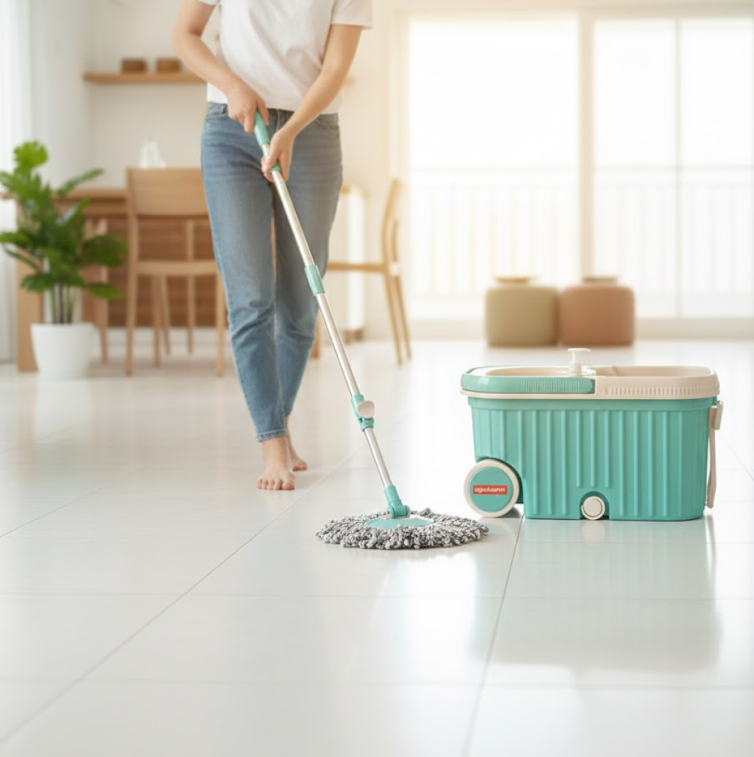 Ganesh spin mop bucket featuring a convenient drainage system for easy water disposal.