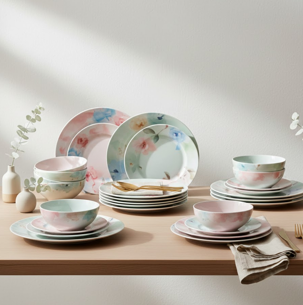 Stackable 32-piece plastic dinner set, optimizing kitchen storage.