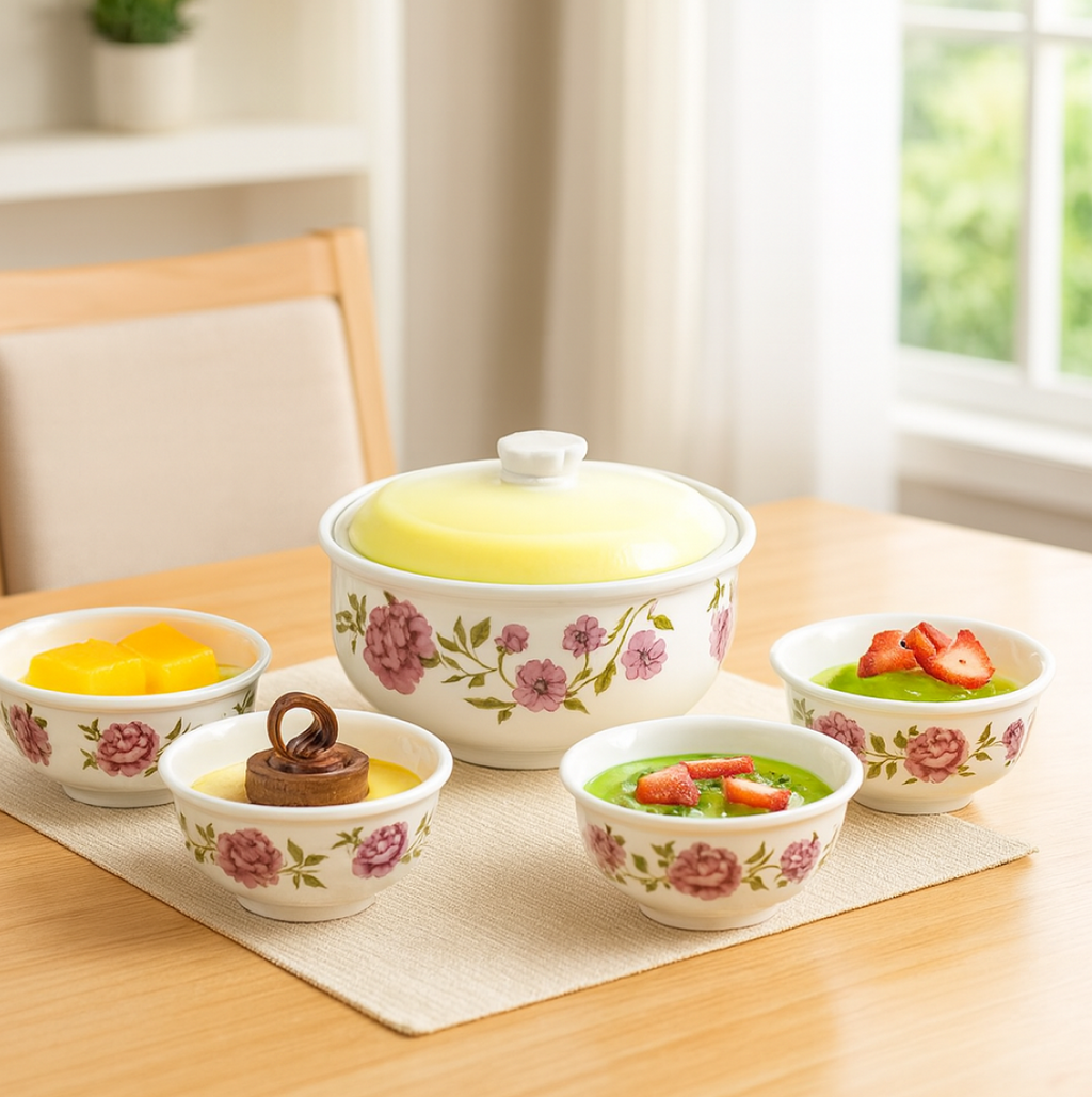 The complete 5-piece serving set beautifully arranged for dessert.