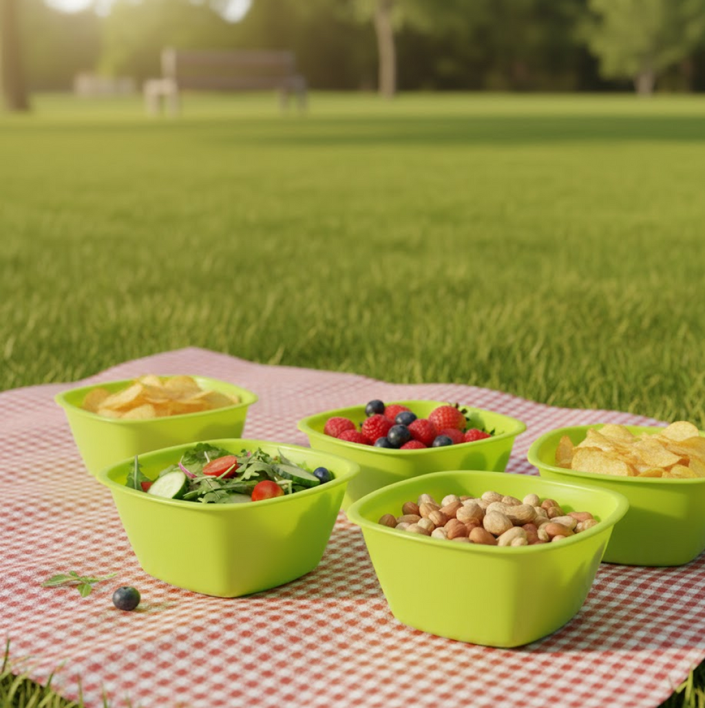 A collection of unbreakable plastic bowls, showcasing their versatile use.