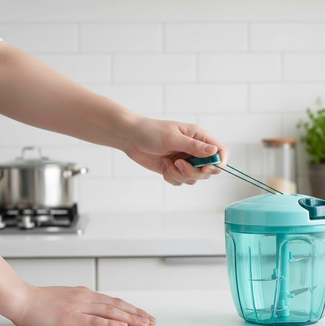 Ergonomic design of the manual food chopper, ready for use.