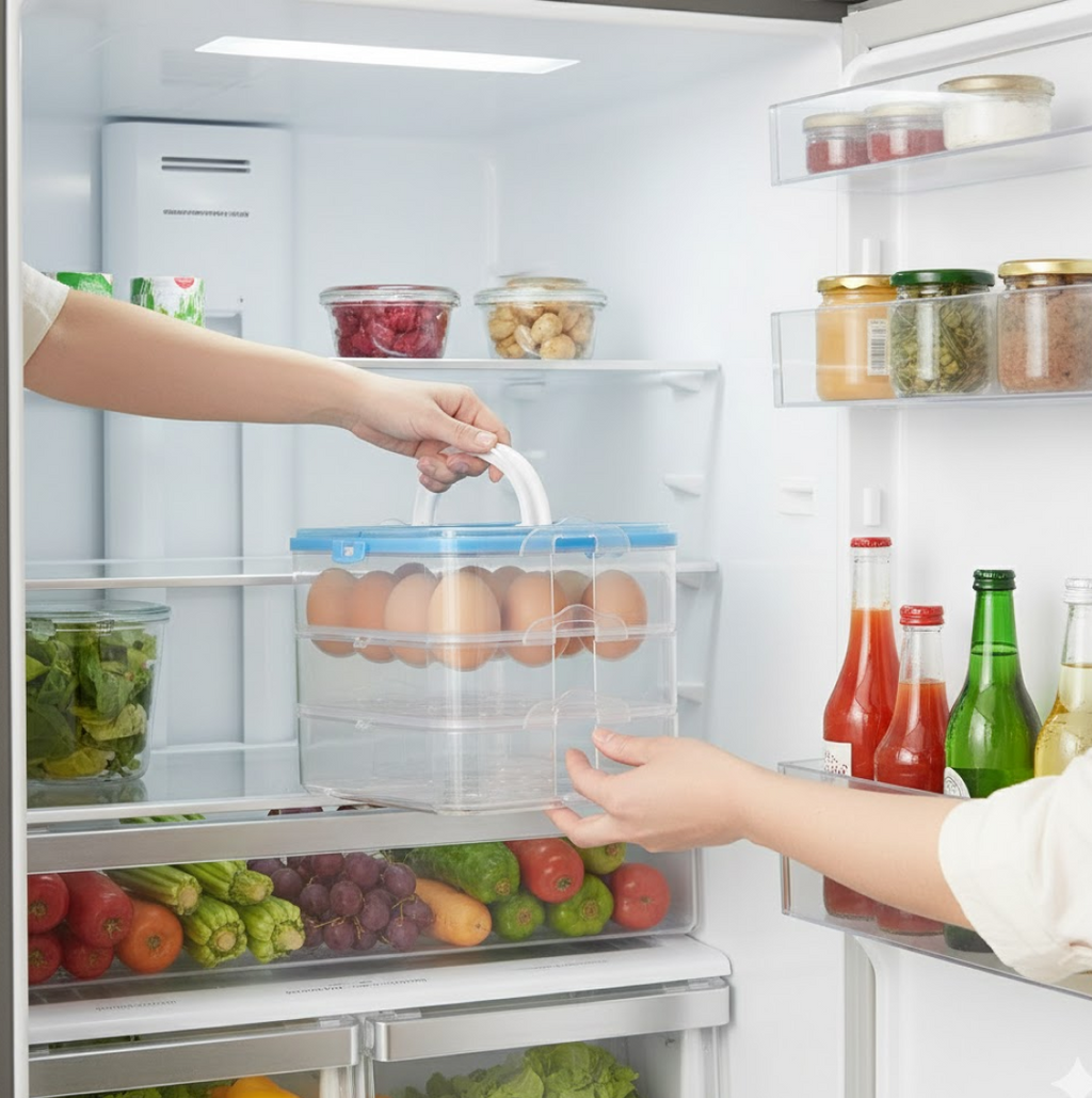 Detachable trays of the 3-layer egg storage box for flexible organization.