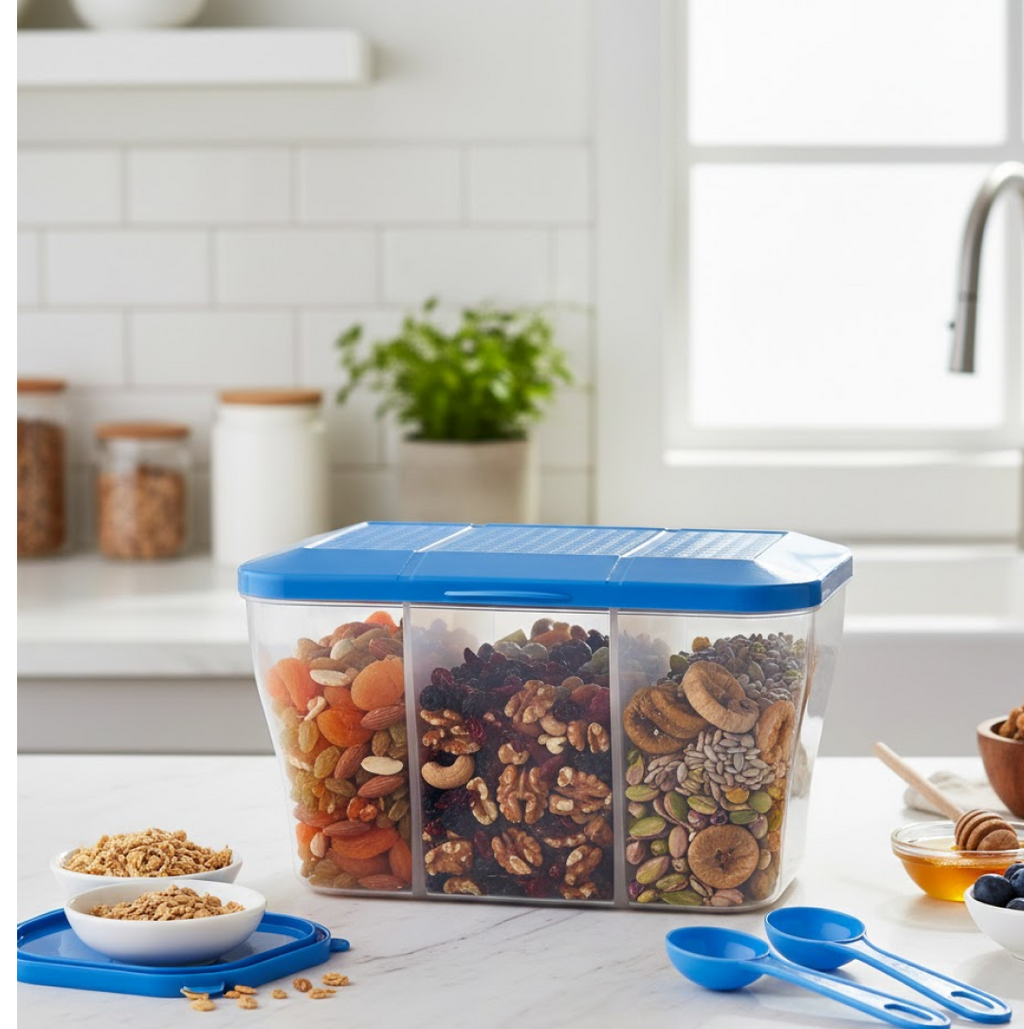 Airtight 3-section food storage box with a clear lid, showcasing organized ingredients.