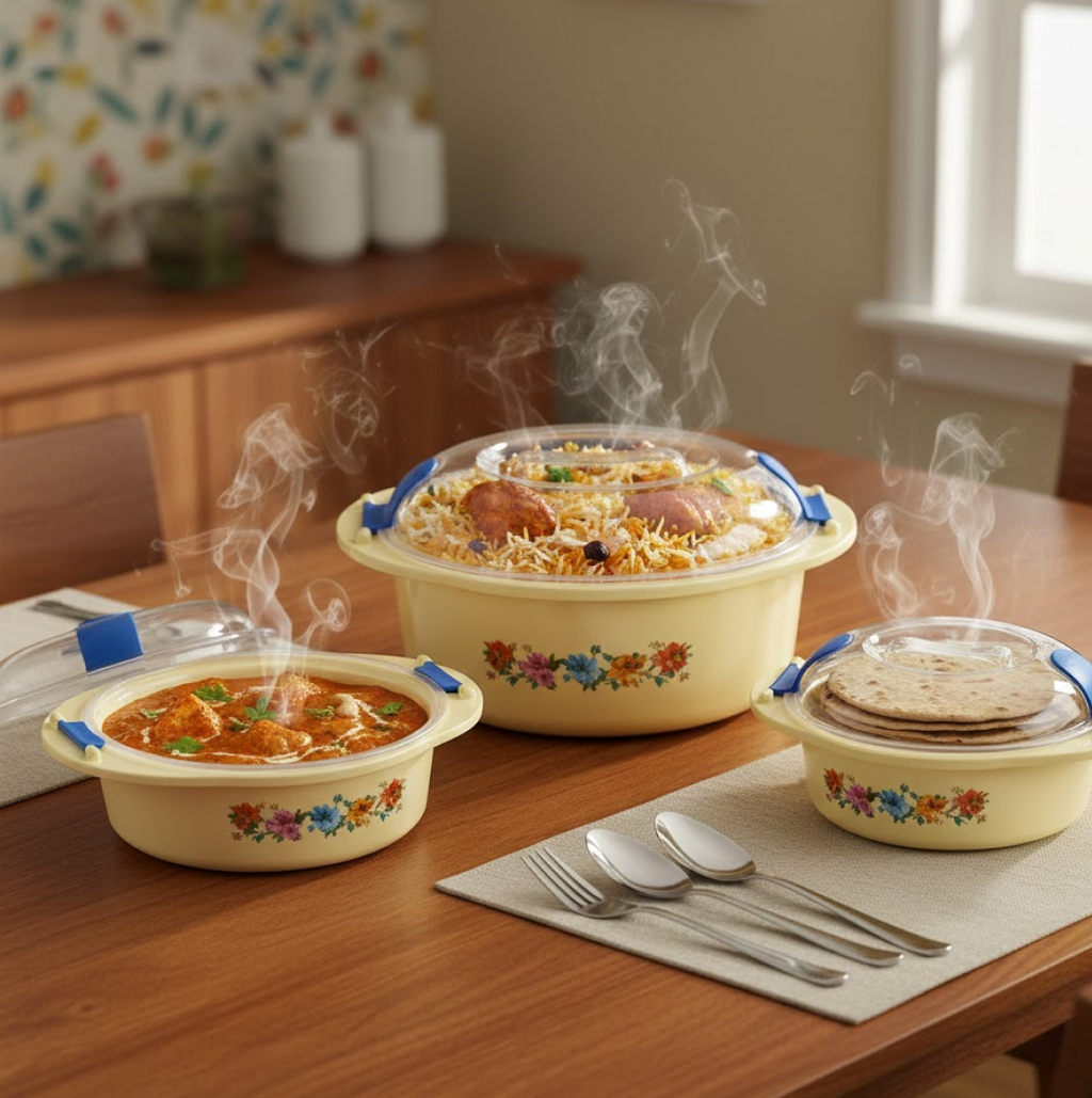 Close-up of the elegant chrome-plated lid and handle of an insulated casserole, showcasing quality.