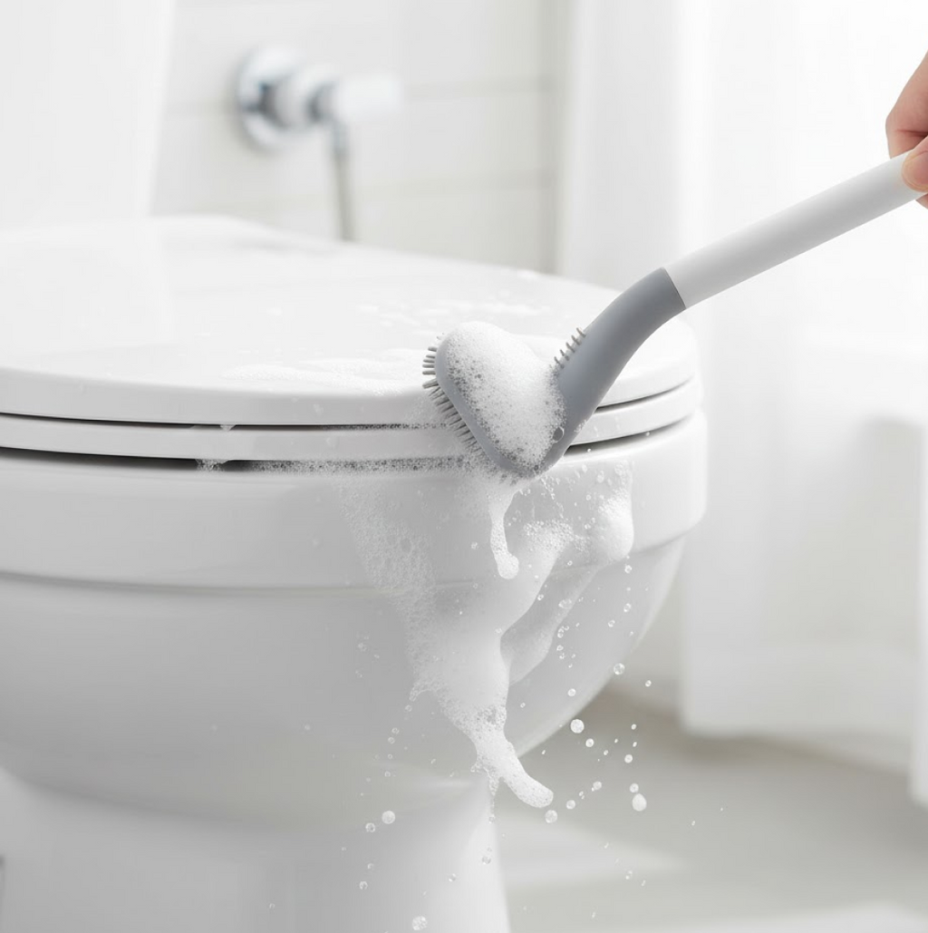 Wall-mounted holder securely storing the golf toilet brush, saving space.