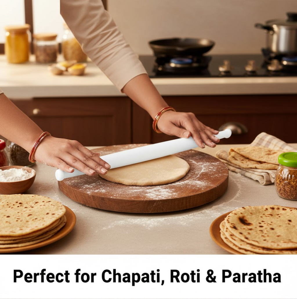 Demonstration of the smooth rolling action of the white plastic rolling pin for even flattening.