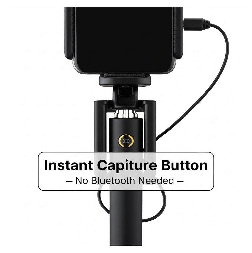 Set of selfie stick accessories, highlighting the aux wire and phone holder compatibility.