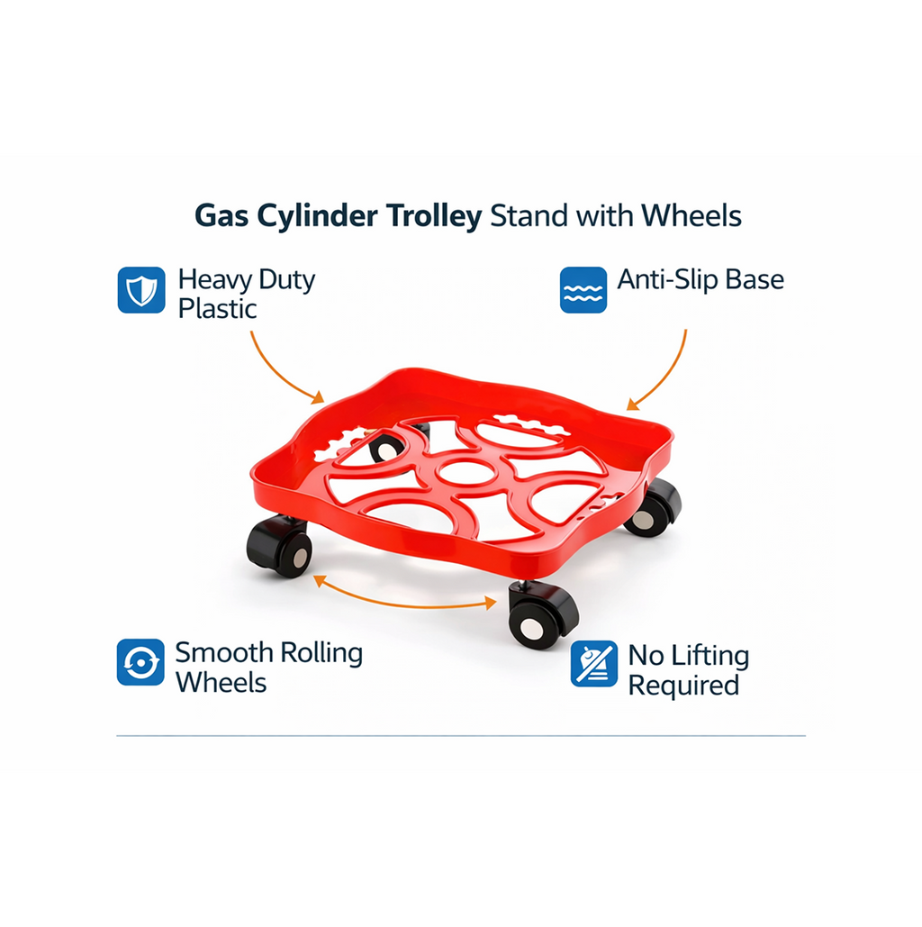 Close-up of heavy-duty castor wheels with anti-skid locks on a gas cylinder trolley.