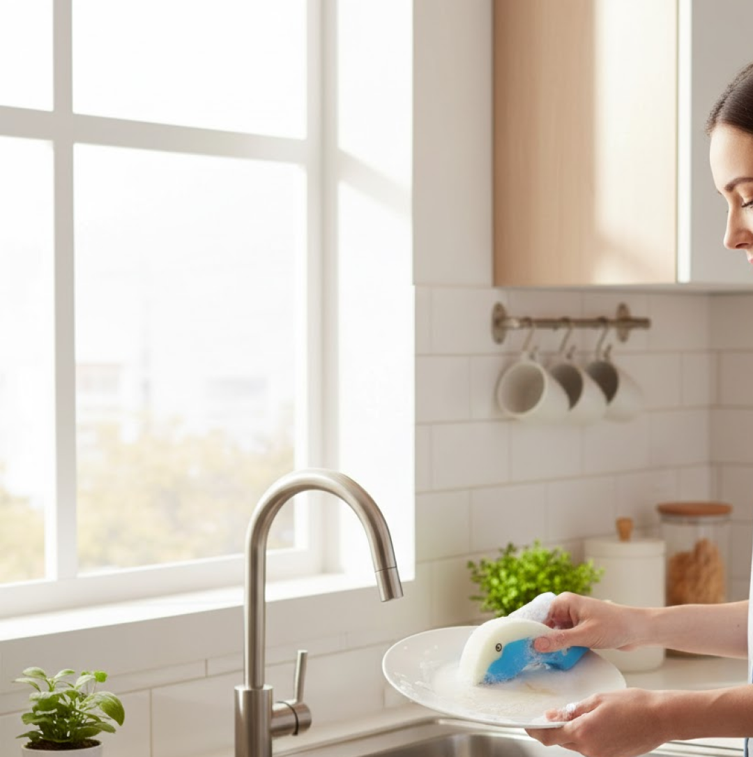 Dolfin sponge wiping down a kitchen counter, demonstrating its multi-surface capability.