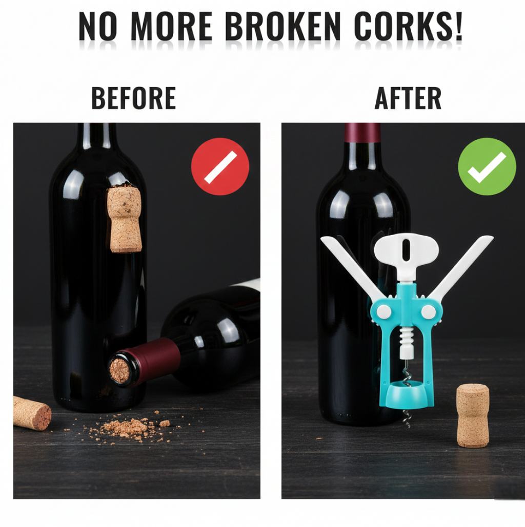 Close-up of the winged Waiter Corkscrew in action, uncorking a wine bottle.