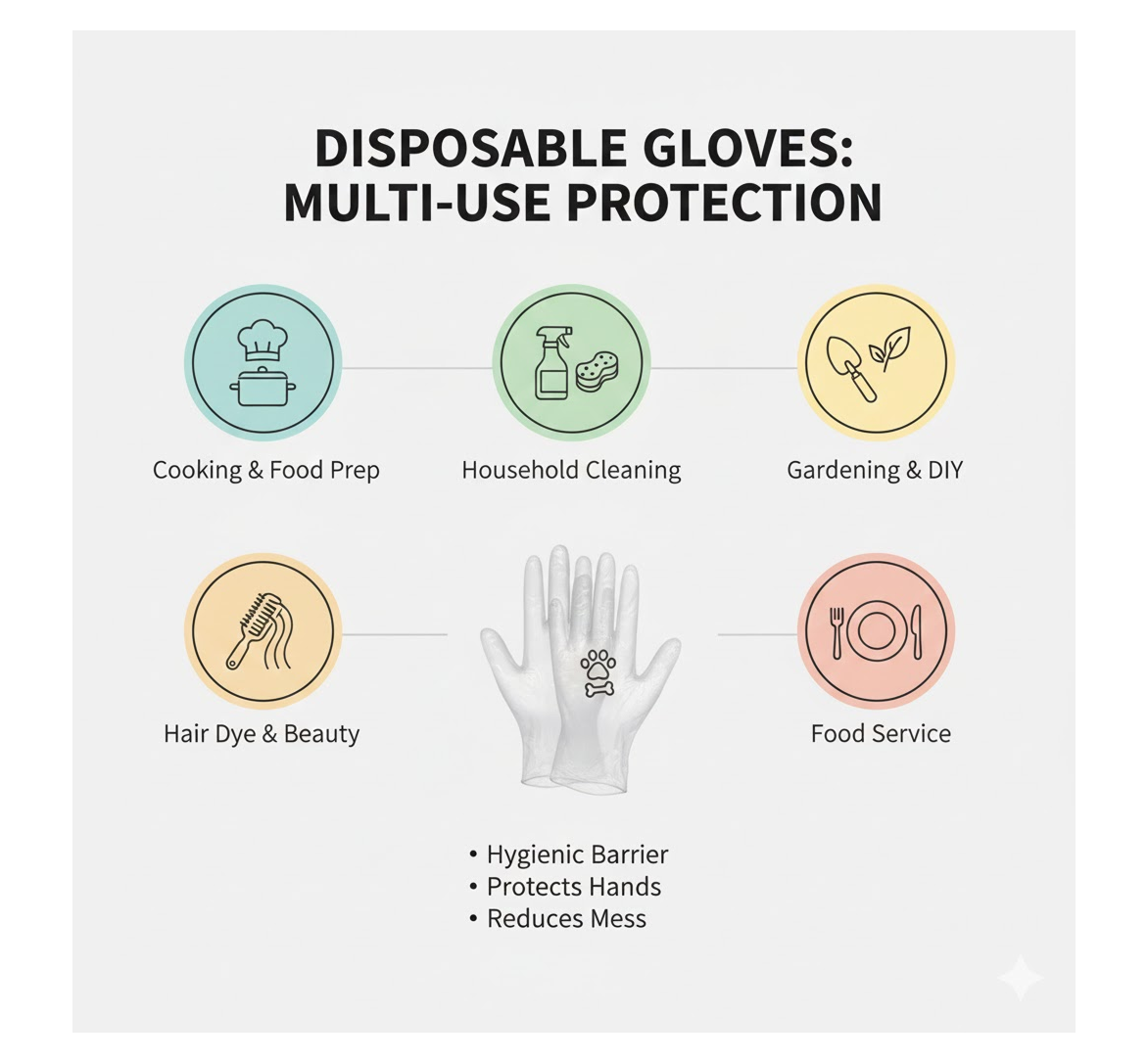Hand wearing a multipurpose disposable glove while cleaning a surface.